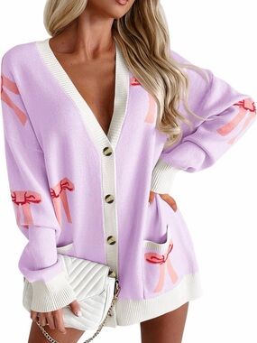 Lilac Oversized Varsity Cardigan V-Neck Button Sweater with Bow Detail